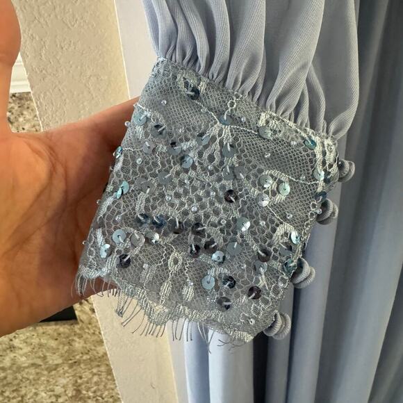 NWT Azazie Tempest Formal Dress Dusty Blue Lace Sequin Elastic Waist Maxi Sz 18 - Picture 6 of 9